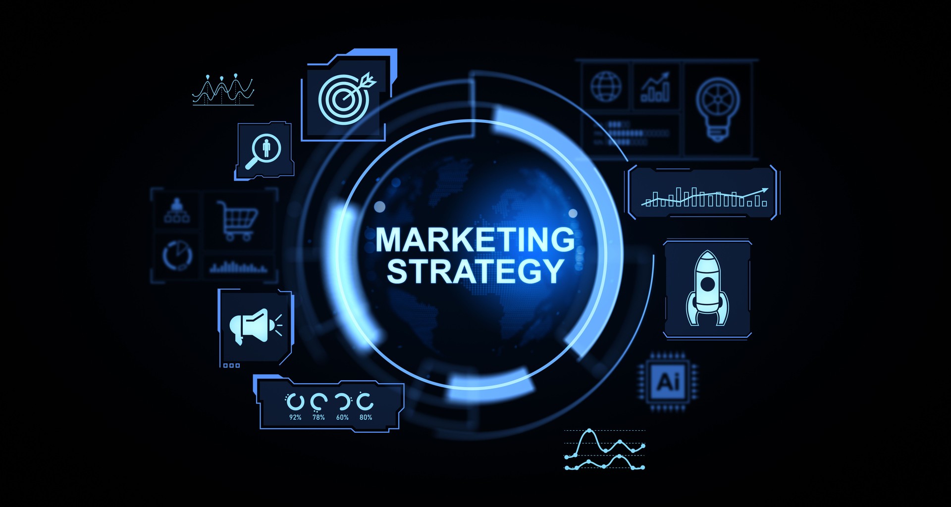 Futuristic marketing strategy interface with digital HUD elements and data analytics concept on dark background for business growth visualization. 3D Rendering